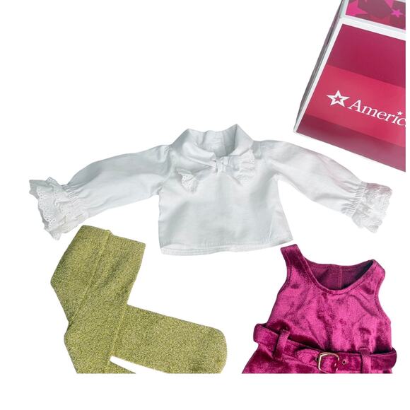 American Girl Julie Christmas Dress Holiday Velvet Gold Tights Shoes Blouse Box - Picture 6 of 9